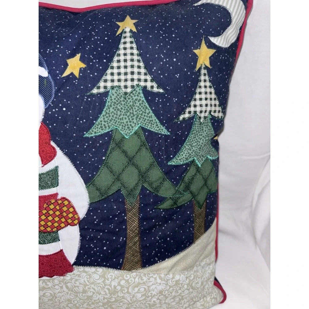 Christmas Snowman Pillow Reversible Navy Patchwork Applique Trees Red Trim 16